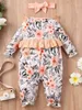 Baby Floral Print Flounce Sleeve Ruffle Trim Bow Jumpsuit Hon