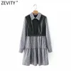 Zevity Mujeres Vintage Turn Down Collar Faux Cuero Patchwork Pliegues Vestido Femenino Manga larga Volver Cremallera Volantes Vestido DS4987 210603