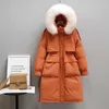 Fitaylor Winter Women Long Jacket Large Natural Fur Collar Hooded Parkas 90% White Duck Down Coat Thickness Snow Warm Outwear 210923