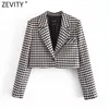 Women Vintage Plaid Print Casual Short Blazer Office Lady Retro Single Button Outwear Suits Chic Business Coat CT709 210420
