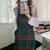 Kimotimo Jurk Sets Vrouwen Koreaanse Herfst O-hals Solid Off-Shoulder Losse T-shirt + Vintage Halter Wol Plaid Lange Strap Jurken 220302