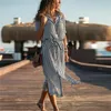 Frauen Gestreiftes Hemd Kleider Herbst Lange Hülse Drehen-unten Kragen Casual Kleid Dame Strand Party Urlaub Vestidos 210508