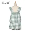 Lounge Wear Boho Plaid Short Ruffle Sin mangas Suelto Conjuntos de 2 piezas Vacaciones Vacaciones Mujer Verano Trajes verdes 210414