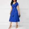 Plus Size Kobiety Krótki Rękaw V Neck Asymetryczny Hem Talii Tight Midi Party Dress Vintage Eleganckie Dresses Casual