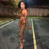 Simenual leopardo um ombro co-ord ajusta flare manga longa mulheres sexy colheita superior e calças dois peças roupas clube baddie roupas y0625