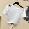 WWENN Yaz Kısa Kollu Seksi T-Shirt Kadın Kapalı Omuz Katı Renk Tees Tops Kadın Temel Pamuk Tişörtleri Lady Mor Yeşil 210507