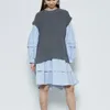 Spring Fashion 2 Pcs Women Set Long Puff Sleeve Shirt Dress Solid Vestidos+ O Neck Sleeveless Knit Vest All Match Suit 210514
