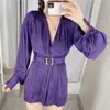 BLSQR Fashion Purple Playsuits Dames Chic Vintage V-hals Elastische Taille Vrouwelijke Korte Jumpsuits Mujer 210430