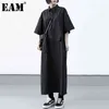 [EAM] Women Black Pocket Spliced Big Size Shirt Dress Lapel Half Sleeve Loose Fit Fashion Spring Summer 1DD8625 21512