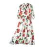 Mode d'été en mousseline de soie bohème robes mi-longues femmes manches trois quarts élégant nœud ceinture fleur imprimer longue robe Vestdios 210416