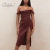 Летний Womem Burgundy Satin Spaghetti Ramap Draped Slit Sexy Silk Party MIDI платье 210415