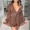 V Neck Latarnia Rękaw Pajaciki Kobiety Wiosna Jesień Leopard Drukuj Wzburzyć Szerokiej Nodze Boho Vintage Kombinezony Parety 210415