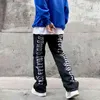 Moda tylne litery haft denim flara dżinsy męskie zamek prosty spodni hip hop niszczyć dziury streetwear spodnie joggers