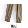 Traf Women Chic Fashion Side Pockets Jogger Pants Vintage High Elastic Midje Drawstring Female Ankle Trousers Mujer 210415