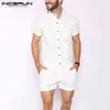 Moda Mężczyźni Pani Paski Oddychające Stojak Kołnierz Krótki Rękaw Joggers Playes Streetwear 2021 Mężczyźni Spodenki Kombinezony Incerun H1206