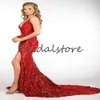 Sparkly Sequin Plus Size Red Prom Dress voor Afrikaanse Sexy Diepe V-hals Backless Mermaid Avondjurken Glitter Rose Gold Formele Lange Partyjurken Growes De Soirée 2021