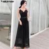 Sommarkvinnor Fashion Elegant Office Workwear Casual Jumpsuits High midja Hålig ut Sexig spetschiffon Wide Leg Romper Jumpsuit 210412