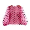 Vrouwen polka dots chic rode blouse o hals lantaarn shirts vrouwelijke kantoor slijtage top Blusas 210430