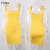 스퀘어 넥 민소매 Bodycon 미니 드레스 기본 여성 여름 블랙 백리스 파티 섹시한 노란색 Clubwear 2021