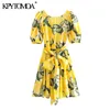 Kvinnor chic mode tryckt med bälte mini klänning vintage backless puff ärmar sommar kvinnliga klänningar vestidos mujer 210416