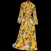 2020秋の新しいドレス気質タートルネックウエストスリム長袖レースアップ野生の花のマキシVestidos UK016 Y0823