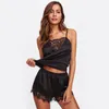 Femmes Vêtements De Nuit Sexy Noeud En Soie Lâche Sans Manches Sous-Vêtements Dentelle Pyjamas Ensemble Bretelles Shorts Ensembles Lingerie Érotique Robe Vêtements De Nuit Gilet Babydoll Dames Garniture Satin