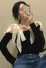 Bow Bandage Off Shoulder Long Mouw Blouse Vrouwen Elegante Patchwork Black Tops Shirt Koreaanse Mode Blusas 210519