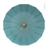 Ombrello da pioggia da donna super antivento da 16 K, moda, manico in legno, tinta unita, di grandi dimensioni, forte