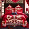 Röd kinesisk stil Bröllop Broderi Duvet Cover Bed Sheet Set Bomull Solid Princess Bedding Set Luxury Romantic Girls Bed Cover 210706