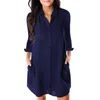 Women's Loose Solid Dress Long Sleeve Turn Down Collar Button Pockets Vestidos Autumn Casual Ladies Office Shirt Dresses 210422