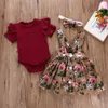 Toddler Baby Girl Clothes Set nato tinta unita pagliaccetto a maniche corte + gonna con bretelle stampate fascia 3 pezzi estate 210515