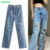 Sommer Mode Blau Hohe Taille Zerrissene Jeans für Frauen 90er Jahre Freund Gerade Bein Frau Streetwear Cowboy Hosen 210430