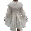 女性Vネックランタン長袖緩いヒットカラーミニドレス女性夏210520のための甘いパッチワークレースのドレス