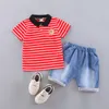 2021 Sommar Baby Boys Kläder Ställer Barn Spädbarn Striped Bear Polo T-shirt + Jeans 2-Piece Fashion Toddler Girls Kläder 0-4 år G1023