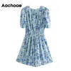 Aachoee Women Sweet V Neck Floral Impressão Bodysuit Puff de Manga Curta Plissada Jumpsuit Feminino Vintage Vintage Ladies Playsuit 210413