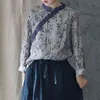Johnature Chinês Estilo Primavera Camisas Para Mulheres Imprimir Blusas Floral Stand Botão de Manga Longa Ramie Feminino Tops 210521