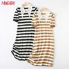 Tangada Summerファッション女性エレガントな縞模様のパターンニットドレス半袖ピーターパンネックレディースミディドレスYU38 210609