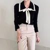 Korea Höst Kvinnor Stickad tröja Långärmad Slå ner Krage Bowknot Ladies Elegant Pullover Toppar Femme 210519