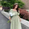 Square Neck Waist Long Spódnica Bubble Sleeve Plaid Eleganckiej Sukienka Kobiet Lato Koreańska Moda Damska Odzież 210520