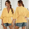Verão sólido profundo V-pescoço sexy sexy top blusa casual solta pulôver 3/4 manga elástica cintura amarelo camisas femme blusas 210517