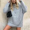 Casual Femmes Solid Gris Sweat à capuche Mode Dames Lâche Sweats à capuche tricotés Streetwear Femme Chic Poche Pulls à capuche 210427