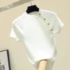 Shintimes cienki z dzianiny biały przycisk Tshirt z krótkim rękawem Kobiet 2020 Summer Solid Casual T-shirt żeńska koszulka żeńska femme cx200713
