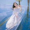 Women Dress Summer Maxi Chiffon Lace Long Butterfly Sleeve for Travel Slash Neck Off The Shoulder Party White 210603