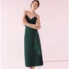 Elegante Sexy Backless Slim Slim Spaghetti Strap Lace-up Bow Borla Vestido Verde Mulheres Cintura Alta Bodysuit Midi Vestidos Vestidos 210421