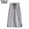 TRAF femmes mode avec cordons fente ourlet jupe mi-longue Vintage taille haute élastique poches latérales femmes jupes Mujer 210415
