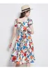 Vintage Midi Sukienka Dla Kobiet Wysoka Talia Kwadratowy Kołnierz Kwiatowy Drukowane Przyciski Kwiatowe Przyciski Krótki Rękaw Puff Wakacyjny Przyczynowy 2XL 210421