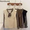 Nomikuma Herbst Koreanische Chic Shirts Frauen Gefälschte Zwei Stück Fliege Kragen Langarm Tops Gestrickte Patchwork Vintage Bluse 210401