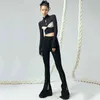[Eam] 하이 허리 블랙 슬릿 붕대 와이드 레그 긴 바지 느슨한 맞는 바지 여성 패션 봄 가을 1dd6218 21512