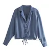 Moda Mavi Kırpma Bluzlar Gömlek Kadınlar Seksi Yaka Uzun Kollu Kadın Gömlek Chic Bayanlar Rahat Giyim Tops 210430