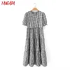 Tangada Summer Women Plaid Print Long Dress Puff Short Sleeve Ladies High Street Dress Vestidos 7Y20 210609